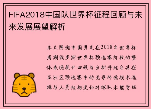 FIFA2018中国队世界杯征程回顾与未来发展展望解析
